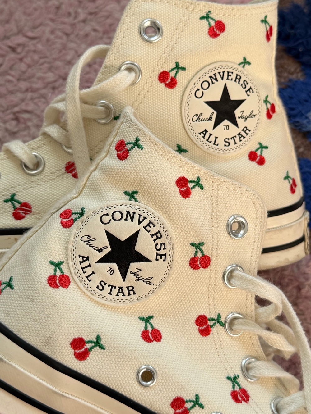 Converse women’s Cream High-Top Sneakers with Red Cherry Print - Picture 2 of 5